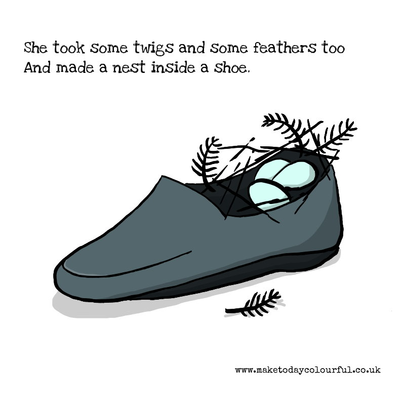 Illustration of a bird's nest in a shoe.