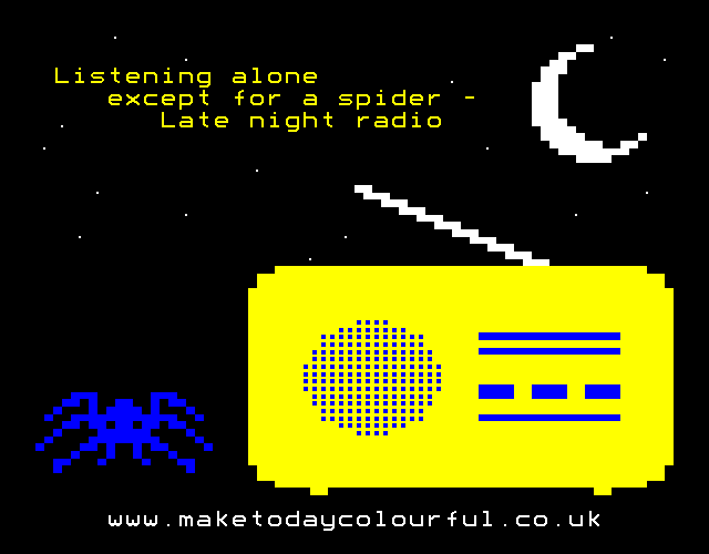 Teletext art of blue spider and yellow radio under the moon and stars