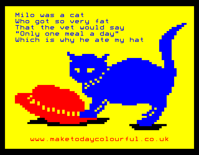 Teletext art of blue cat playing with red hat on yellow background