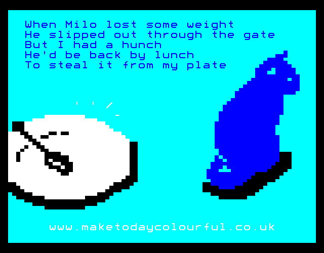 Teletext art of blue cat turned away from an empty white plate on cyan background