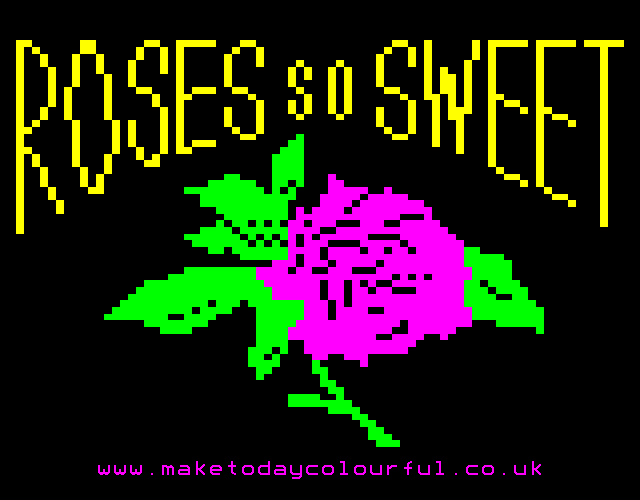 Teletext art magenta rose with lettering reading Roses So Sweet