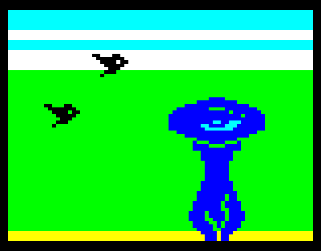 Teletext drawing of a blue birdbath containing water which reflects the cyan sky. Two little birds are flying towards it to take a drink.