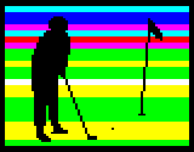 Teletext art of a golfer putting. Both they and the flag are in silhouette against a colourful abstracted sunset.