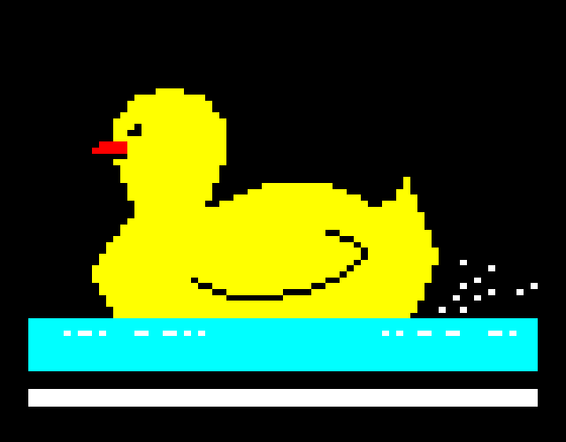 Teletext drawing of a big yellow rubber duck splashing about on the water.