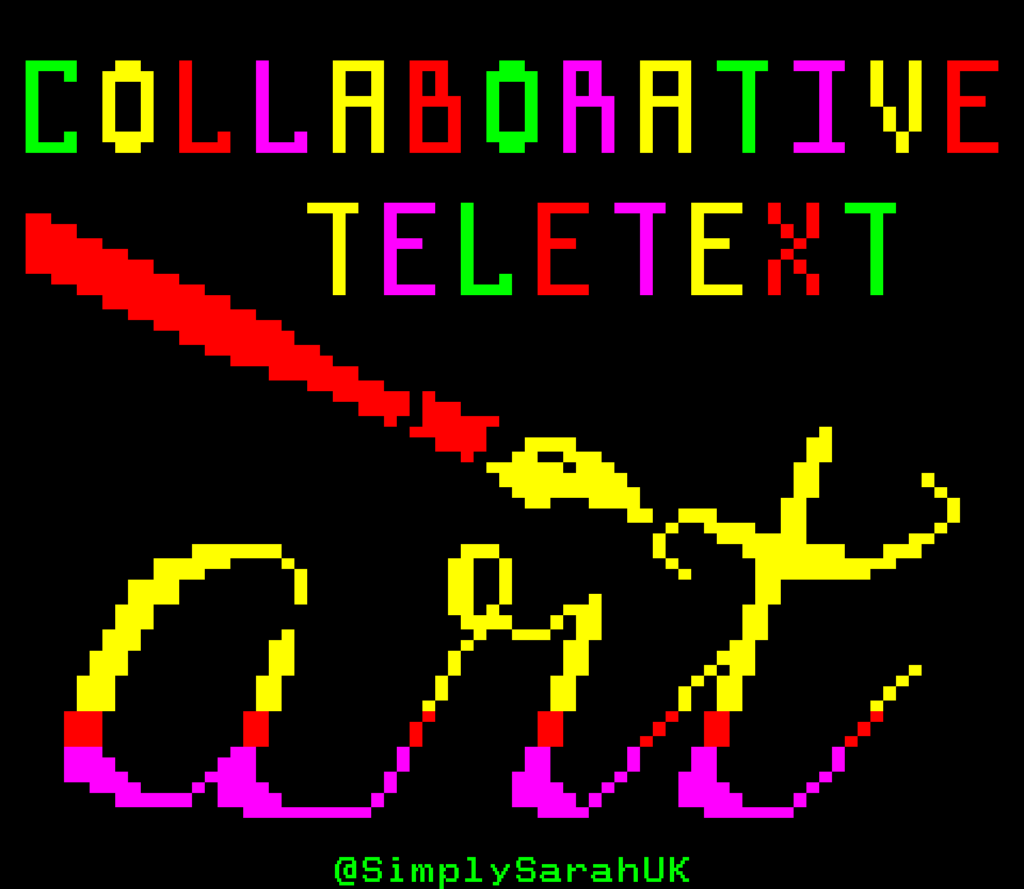 The words "collaborative teletext" in a blocky retro computer style in multiple colours. Below it is a paintbrush finishing off the word "art" in a cursive style.
